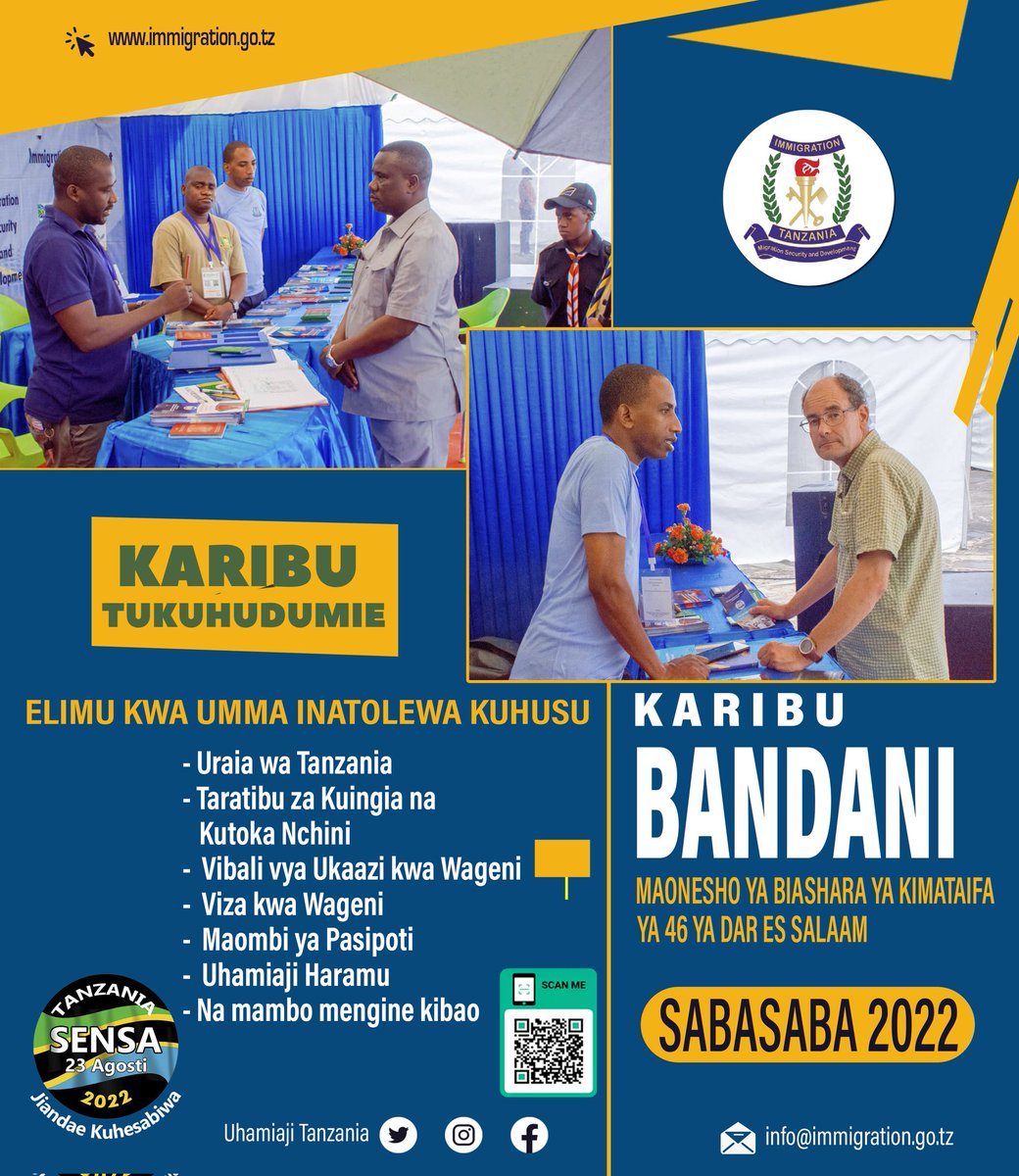 UhamiajiTz's tweet photo. Karibu katika Banda letu, Viwanja vya Mwl.Nyerere, Sabasaba, Dar es salaam.

#Sabasaba2022
#SensaAgosti2022
#JiandaeKuhesabiwa
#e-Immigration
#ePassport 
#ePermit 
#eVisa
#eBorderManagementSystems https://t.co/HHoaPzryRj