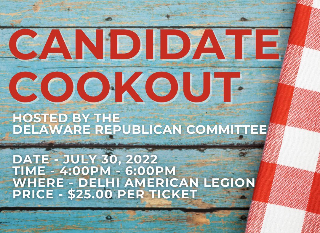 yrsdelco's tweet photo. Join the Delaware Republican Committee and #YRDC for our 2nd Annual Candidate Cookout!
Hear from our great slate of #GOP candidates, enjoy great food and drink, and most importantly, have a great time with like-minded people!
#LeadRight https://t.co/iRbzmyYZbm