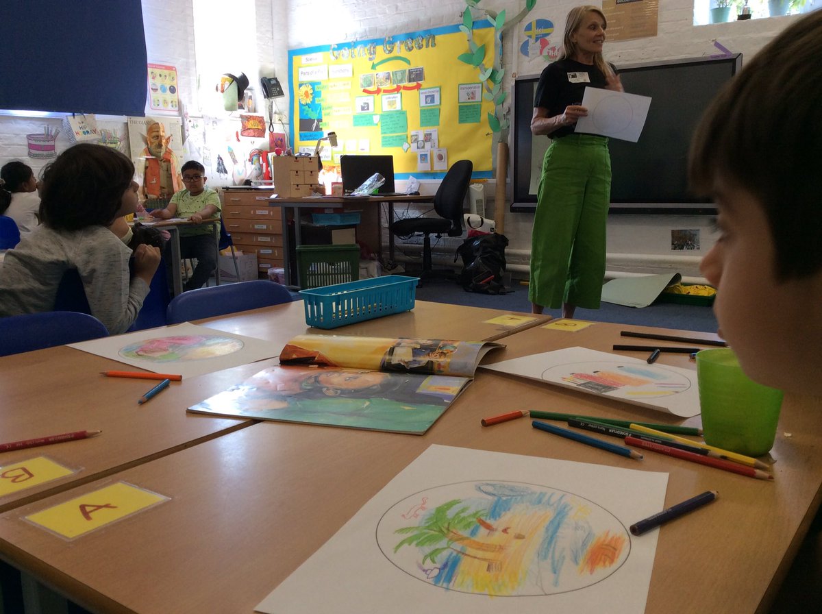 The author/illustrator Karin Littlewood came to visit yesterday! She talked about what it’s like to be an illustrator and started a fantastic art project with us linked to the book The Colour of Home. We were so inspired!