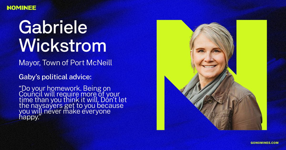 Folks often assume you can only make change at a federal level, when really some of the greatest impact starts with your local community. Port McNeill Mayor @GabyWickstrom is an expert in the urban/rural divide. You can learn more from her with Nominee ➡️ community.gonominee.com/landing