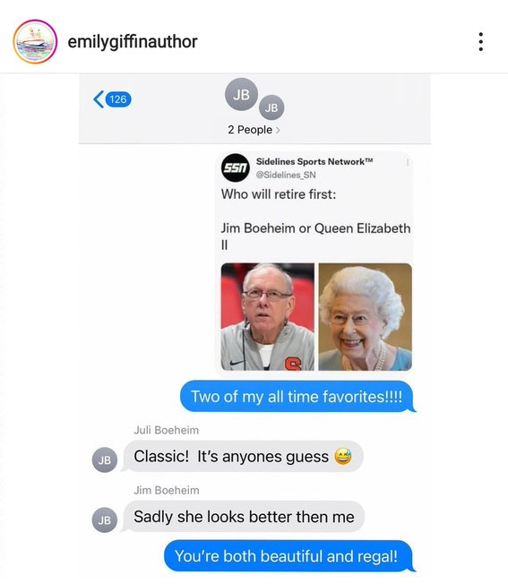 Sidelines Sports Network™ (@sidelines_sn) on Twitter photo Just got this awesome message from <a href="/emilygiffin/">Emily Giffin</a> with some candid reactions on our post from <a href="/therealboeheim/">Jim Boeheim</a>. Glad the legend appreciated it😂😂😂 Just got this awesome message from <a href="/emilygiffin/">Emily Giffin</a> with some candid reactions on our post from <a href="/therealboeheim/">Jim Boeheim</a>. Glad the legend appreciated it😂😂😂