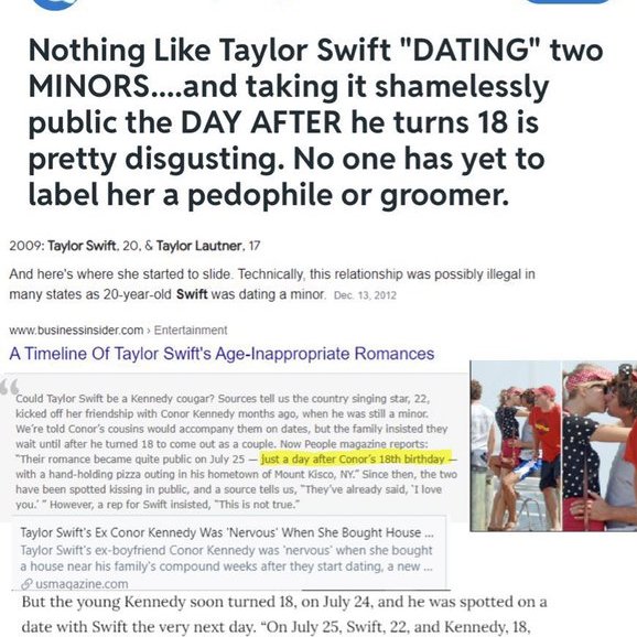 4HasBeyn's tweet image. Taylor Swift (who is known for building a career by writing songs for her ex-boyfriends) has shown over the years ped0phile behaviour by having as her boyfriends minors who she groomed before going public.
