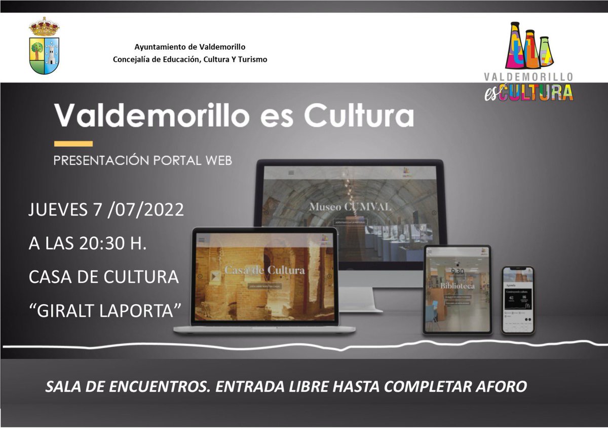 + 𝐃𝐢𝐧𝐚́𝐦𝐢𝐜𝐚, + 𝐂𝐞𝐫𝐜𝐚𝐧𝐚 𝐲 𝐦𝐮𝐜𝐡𝐨 𝐦𝐚́𝐬 𝐜𝐨𝐦𝐩𝐥𝐞𝐭𝐚

La concejalía de cultura presenta nueva web. 𝐌𝐀𝐍̃𝐀𝐍𝐀, 𝐚 𝐥𝐚𝐬 𝟐𝟎,𝟑𝟎𝐡 en la  #GiraltLaporta 

Más información 
aytovaldemorillo.com/mas-dinamica-m…

#Cultura #web #madrid #valdemorillo