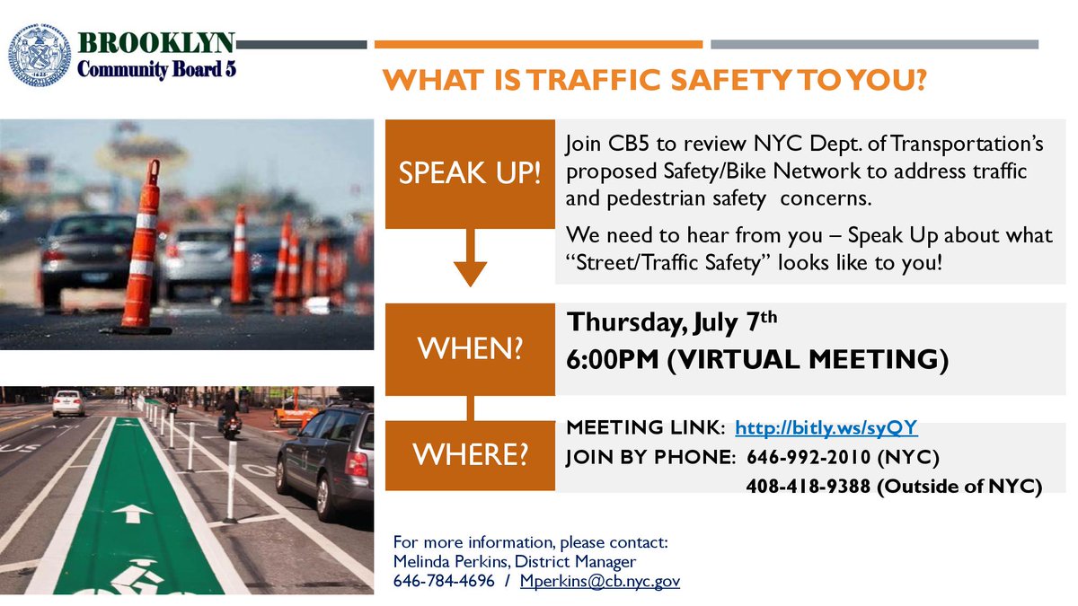 Greetings Community! Join us tomorrow with DOT as they present their bike safety network plan. Please be sure to attend and weigh in on the plan virtually. The meeting will take place Thursday, July 7th at 6pm. Join using this link - bitly.ws/syQY #BrooklynCB5