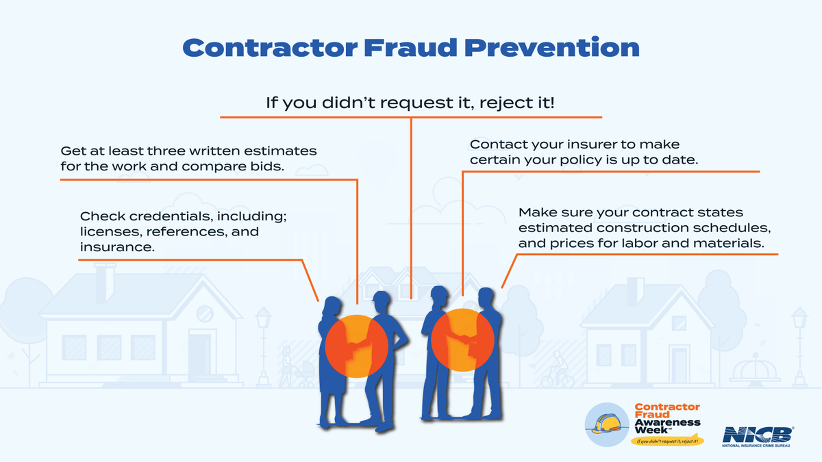 insurancecrime's tweet photo. As homeowners make repairs following #SummerStorms, the NICB is warning consumers to do their research before hiring a contractor. Follow these tips to prevent becoming a victim of #fraud: https://t.co/TSAdpc4mhg
#ContractorFraud #FraudPrevention #InsuranceCrime https://t.co/wg0vIo1Osk