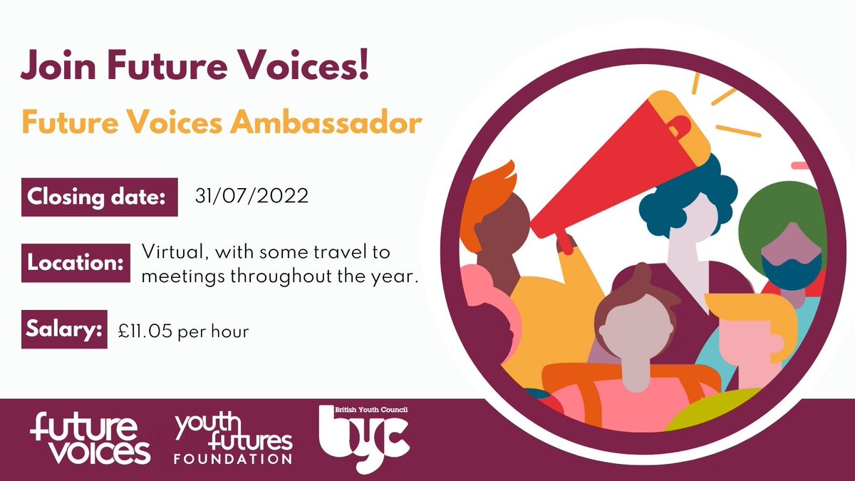 In partnership with <a href="/bycLIVE/">British Youth Council</a>, we're on the lookout for our next cohort of Future Voices Ambassadors to join our Future Voices Group.

Interested in being one of our expert advisors, using your personal experiences to shape how Youth Futures works? 👇

youthfuturesfoundation.org/vacancy/future……