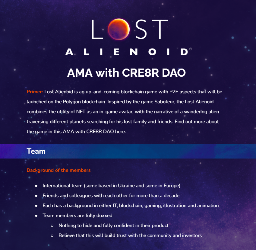 The_ReadingApe's tweet photo. Today, we'll be sharing the summary of the AMA with @CRE8RDAO and @lostalienoidnft. Lost Alienoid is a blockchain game with P2E aspects that will be launched soon on @0xPolygon, with grants by Polygon Village.

Find out what this is all about right here 👇 https://t.co/JcLxOMWjDB