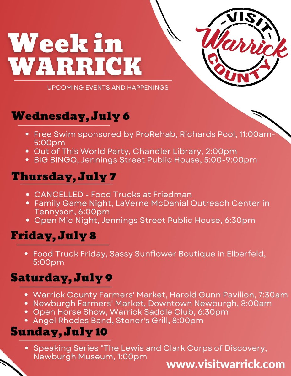 Your week in Warrick starts now with a Free Swim Day at Richards Pool sponsored by ProRehab and an Out of This World Party this afternoon at the Chandler Library. There are plenty of options for the whole family all week long. 

#VisitWarrick #INWarrick #INIndiana