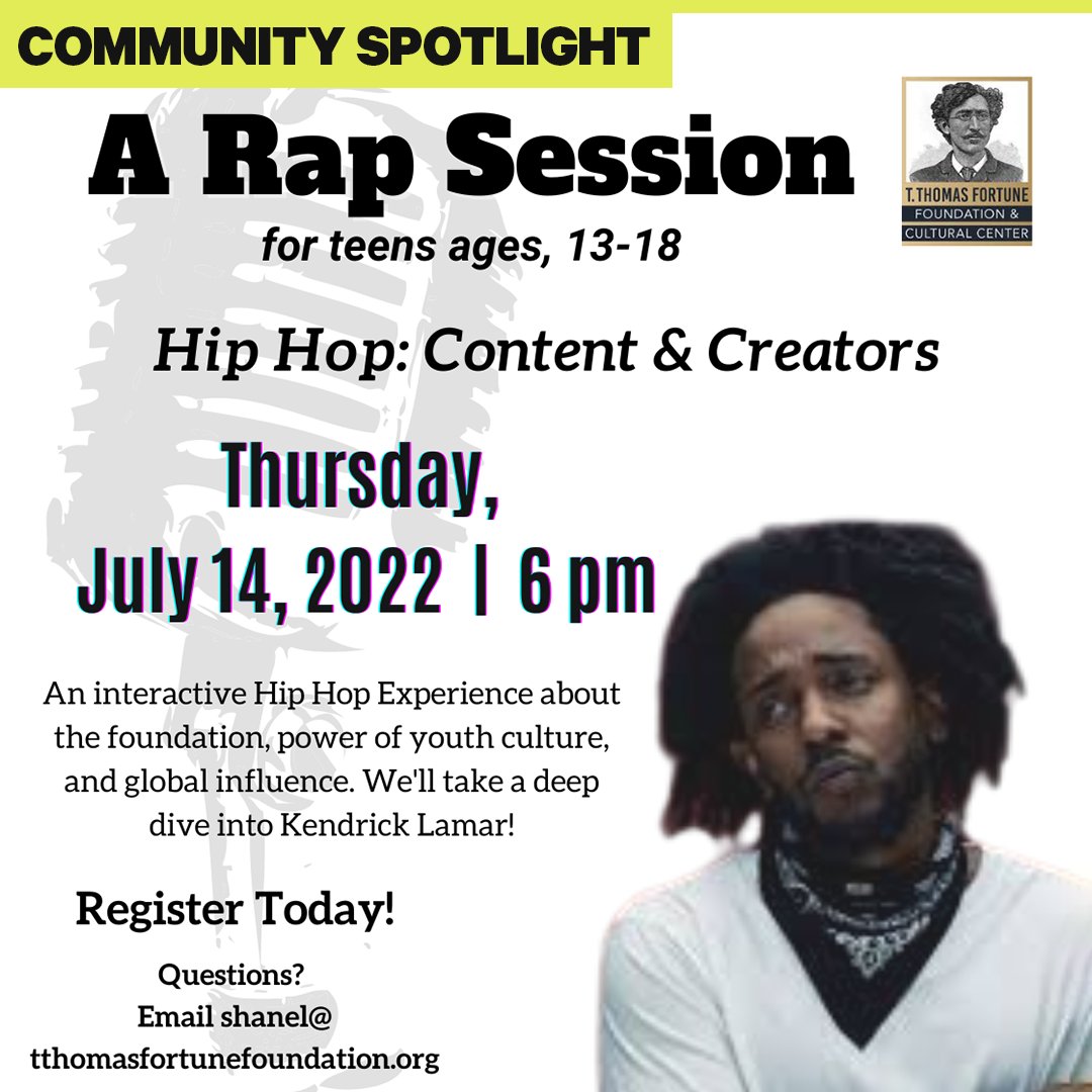 COMMUNITY SPOTLIGHT 📍 Our friends at @TThomasFortune9 have two new exciting events coming up! The Art of Social Justice: Exploring Hip Hop for Educators on July 13th and A Rap Session for Teens (13-18) on July 14th, both at 6 pm. Learn more & register 👉 bit.ly/tthomastrt