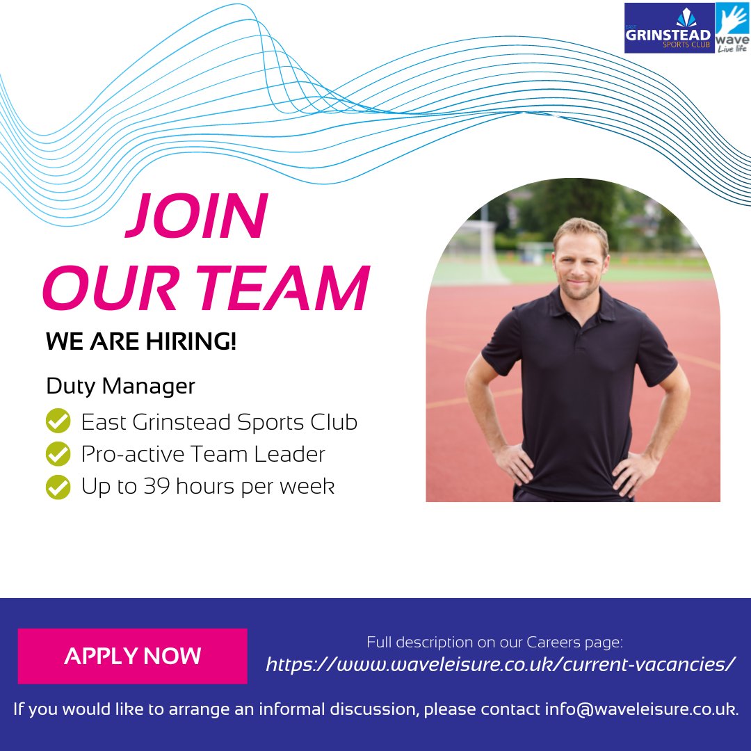 We Are Hiring!

Join the team at our multi-sport and event complex.
We are looking for a pro-active Duty Manager at our lovely East Grinstead site, set in 33 acres of natural beauty. 
Sound like the position for you or someone you know? 
Apply now! waveleisure.co.uk/current-vacanc…