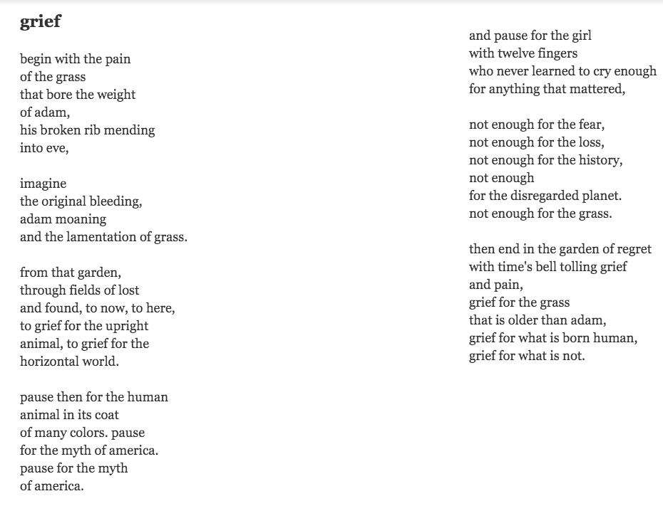 typode's tweet photo. …end in the garden of regret
with time's bell tolling grief
and pain,
grief for the grass
that is older than adam,
grief for what is born human,
grief for what is not.

—Lucille Clifton, from "Grief": https://t.co/2EXGL2HFzV