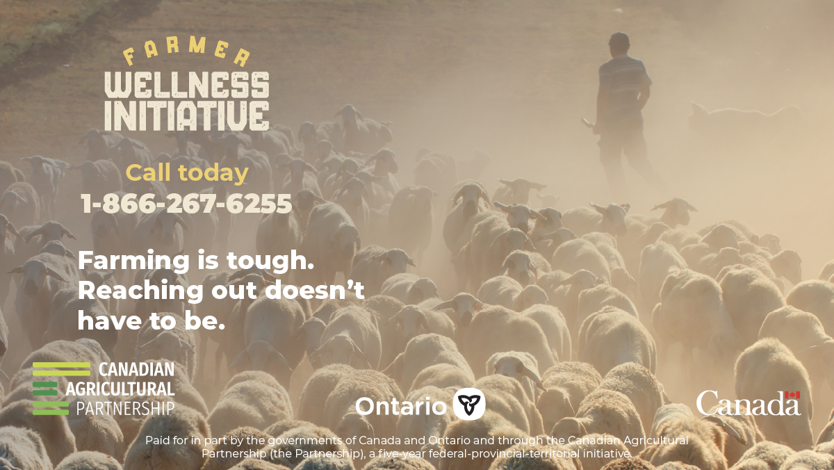 Through the Farmer Wellness Initiative, Ontario farmers and their families can access free counselling sessions. Accessible 24 hours a day, 7 days a week, 365 days a year, in English &amp;  French, farmers can call 1-866-267-6255 to speak to a counsellor. farmerwellnessinitiative.ca