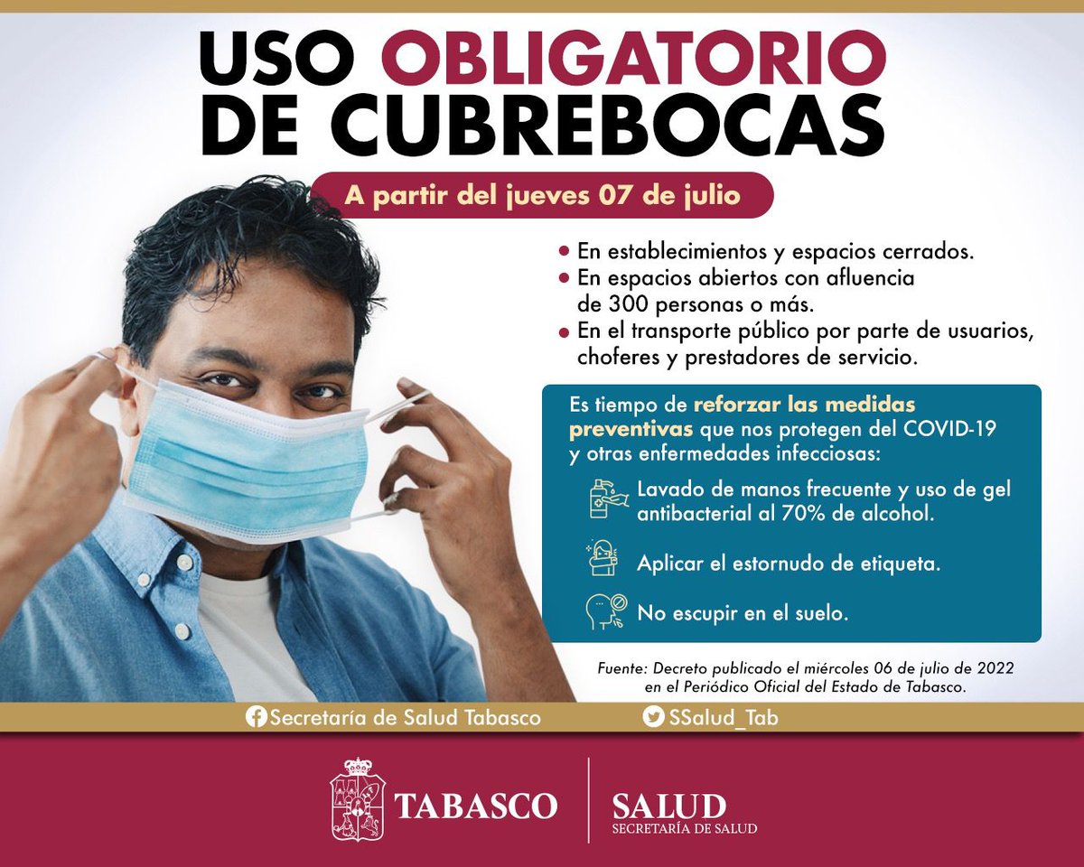 Gobdetabasco's tweet photo. 🚨 ¡ATENCIÓN!
😷 Por tu salud y la de todos, regresa el uso obligatorio del cubrebocas en establecimientos y espacios cerrados.
📅 Entrada en vigor: jueves 7 de julio.
Consulta todos los detalles ⬇️ https://t.co/kp2ZO3LV1v