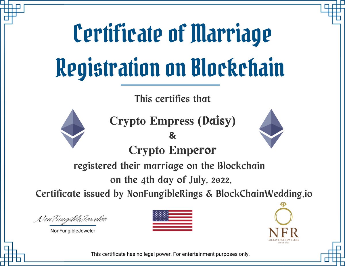 Marriage Registered #9
<a href="/chiqshoes/">Daisy 🌼</a> 

<a href="/NonFungibleRing/">NonFungibleRings 💎💍 | BlockChainWedding</a>
 &amp; 
<a href="/BlockChainWed/">BlockChainWedding 💒💍</a>
 💟💒
#metamarriage 

opensea.io/assets/ethereu…