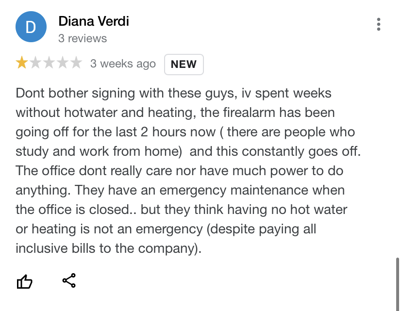 Diana “Dont bother signing with these guys, iv spent weeks without hotwater and heating, the firealarm has been going off for the last 2 hours now and this constantly goes off”

YPP Lettings YPP_Lettings not affiliated with or connected to any similarly-named individuals or brand