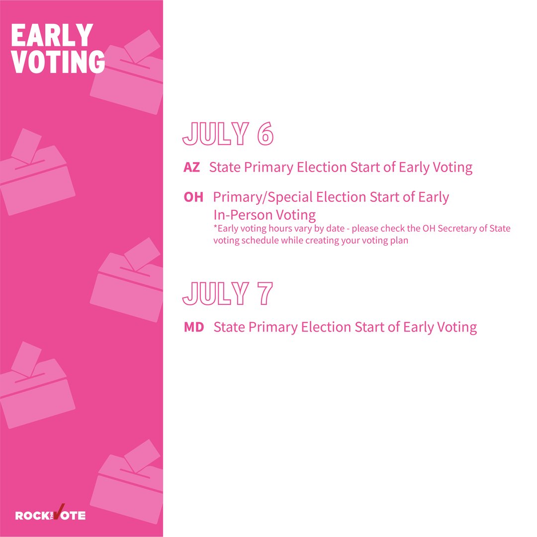 RockTheVote's tweet image. There are some important voting dates this week. ⬇️ 
July 5th
Arizona, Ohio and Tennessee have voter registration deadlines.
July 6th
Missouri has a voter registration deadline. 
Early voting begins in Ohio and Arizona.
July 7th
Early voting begins in Maryland. 
#RockTheVote