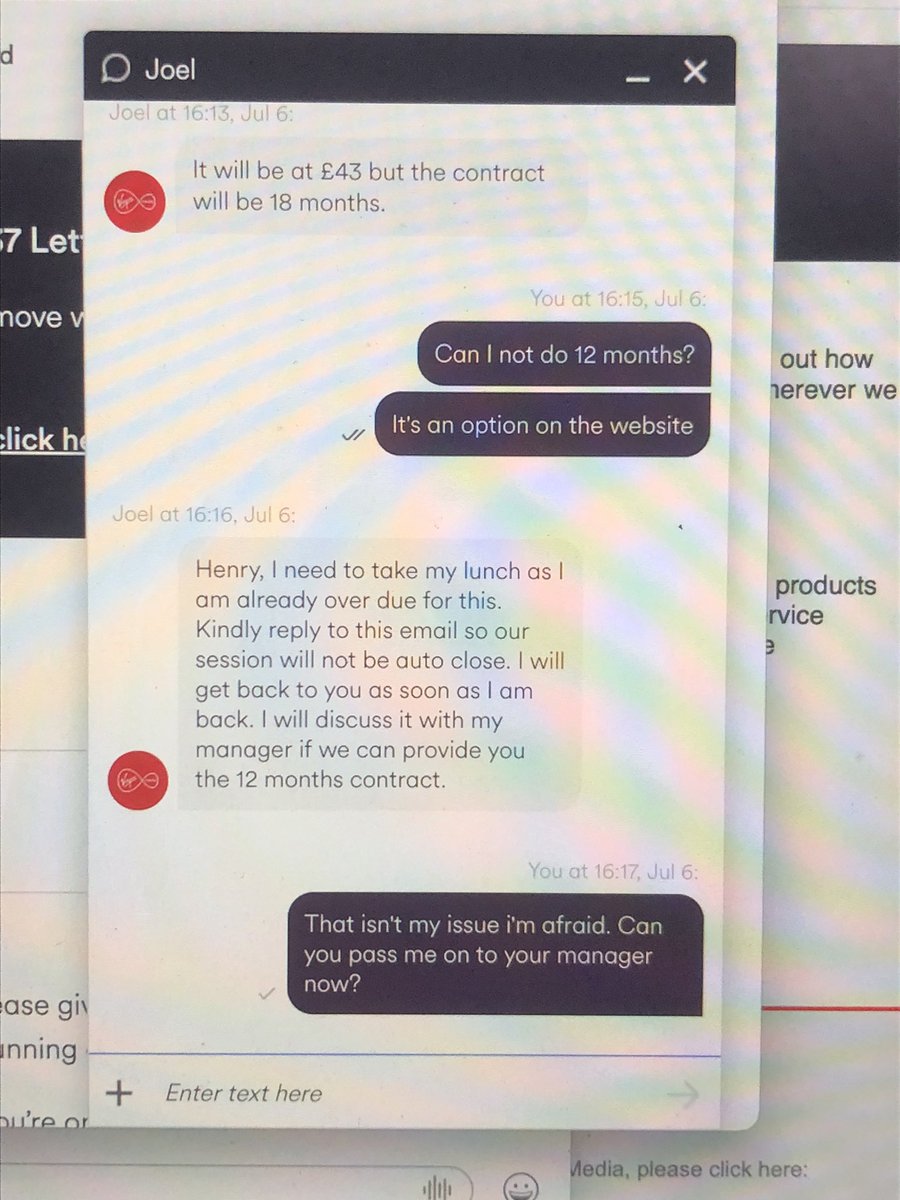 Henry_Hartt's tweet photo. @VirginMediaCorp is there not a better way to handle this than to make me wait through Joel’s lunch break? https://t.co/EU3BzOZ4O4