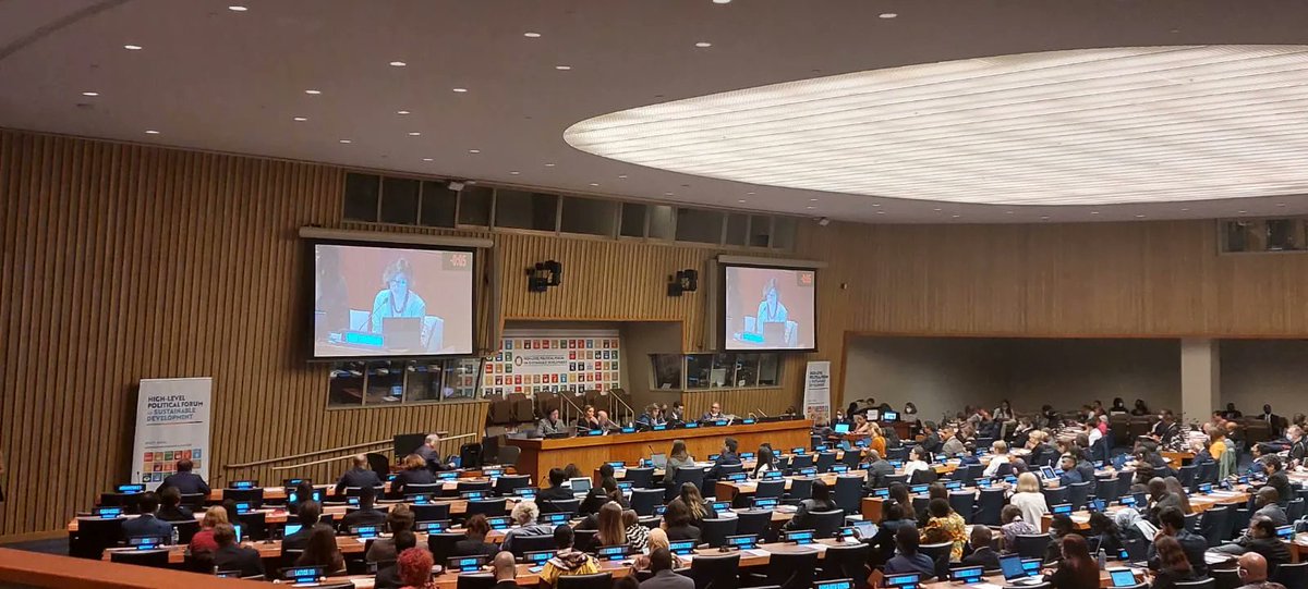 'We must invest in decent jobs, #socialprotection, and minimum living wages.' 🗣️ @ITUC delegate at the #HLPF2022 Paola Simonetti to participants in the plenary on #FinancingforDevelopment.The @UN #GlobalAccelerator on jobs and social protection is key to this effort! #timefor8