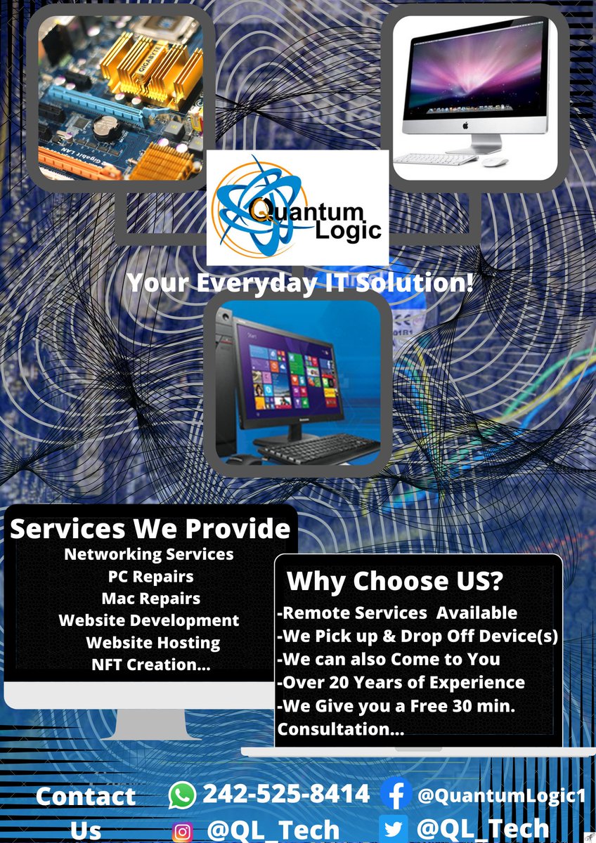 QL_Tech's tweet image. You’ve got problems? We’ve got solutions! 
For details, follow us on:
FB: @QuantumLogic1
IG: @QL_Tech
Tweet: @QL_Tech

#quantumlogic #quantumlogicconsultant #IT #computerrepair #smallbusiness #PC #macbook #websitedevelopment #websitehosting #computerrepairservices #nftcommunity
