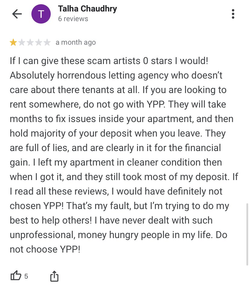 Talha “If I read all these reviews, I would have definitely not chosen YPP! That's my fault, but I'm trying to do my best to help others.”

YPP Lettings YPP_Lettings not affiliated with or connected to any similarly-named individuals or brands