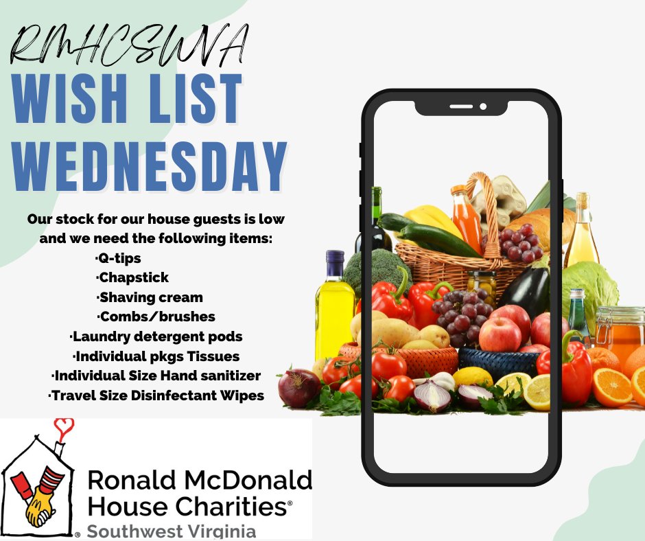 It's #wishlistwednesday and this week we are asking for items that our guests need while they are staying with us. If you'd like to help us out, conduct a wishlist drive at your school, church, or workplace to help with our everyday household needs. #rmhcswva #nonprofitroanoke