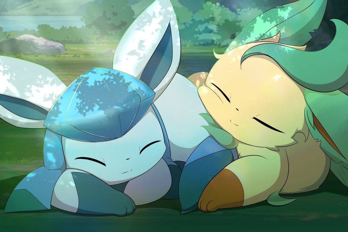 glaceon pokemon (creature) no humans closed eyes closed mouth outdoors grass lying  illustration images