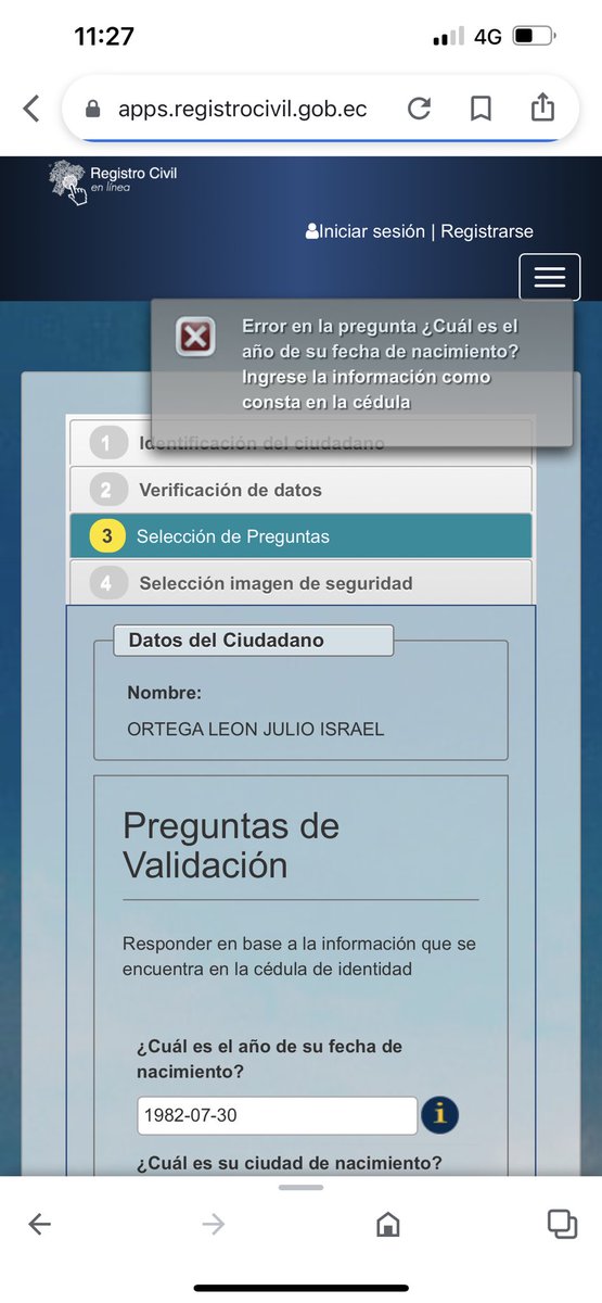 IsraelO1982's tweet photo. @Fmalvear08 @RegistroCivilec Na vale su sistema me estoy tratando de registrar y me sale que mi fecha de nacimiento no es correcta la ingreso de todas las formas y nada sale error https://t.co/8ahsQPFdhH