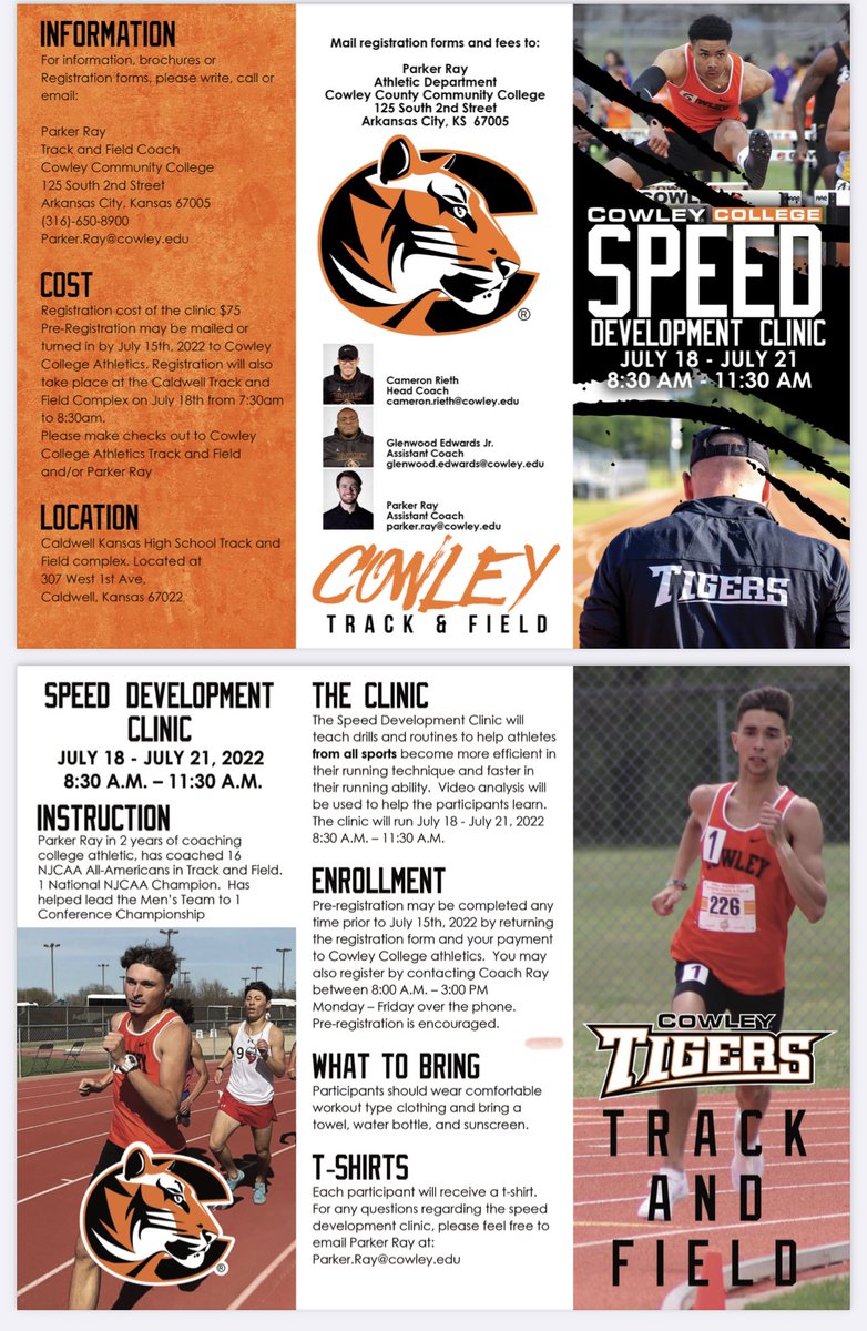 USD360_Caldwell's tweet photo. Cowley County Track Coach Parker Ray will be holding a Speed Development Camp July 18-21 @ Caldwell Track. Please see Attachment for more information. https://t.co/w8LCUAZat3