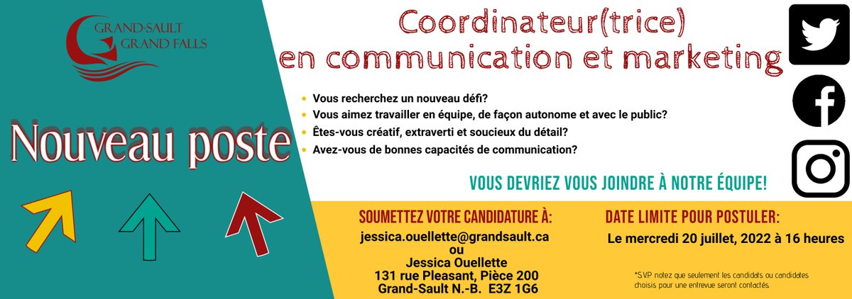 GrandSaultFalls's tweet photo. ‼️ NOUS EMBAUCHONS! 🤩
Pour plus d'information au sujet du poste en question, visitez le lien ci-bas.
https://t.co/tuCAGCcT98

‼️ WE ARE HIRING! 🤩
For more information regarding this position, follow the link below.
https://t.co/Q3kTjchnxn https://t.co/BIHki3DPrx