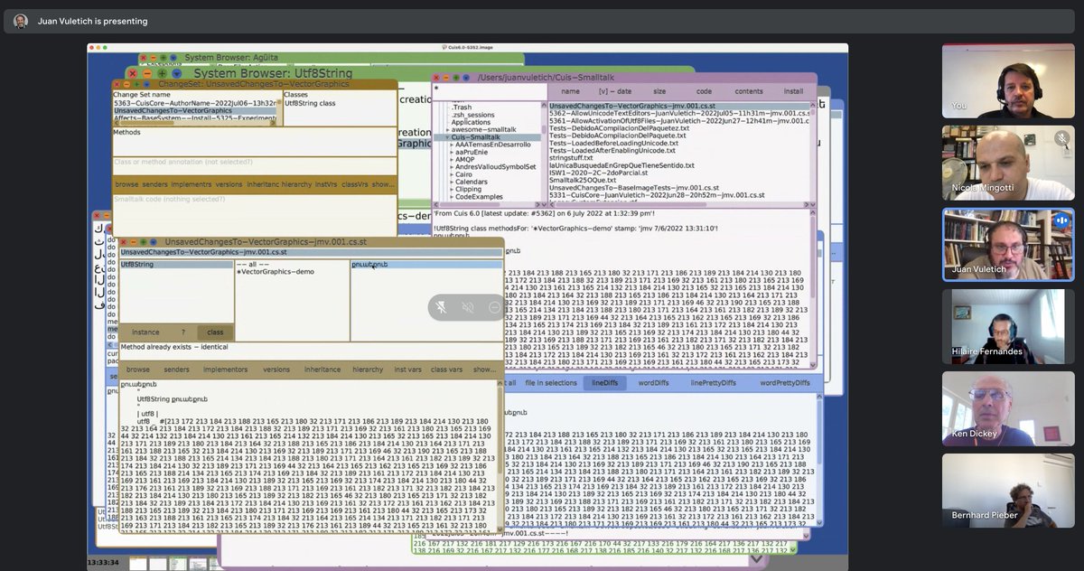 HernanWilkinson's tweet photo. Today Fernando Balboa showed us how the inline temporary and inline method refactorings working in #CuisSmalltalk, and how #LiveTyping helps the inline method.
@JuanVuletich showed the utf-8 support! Now you can have selectors, variable names, etc. in any alphabet! https://t.co/ySHL0geDad