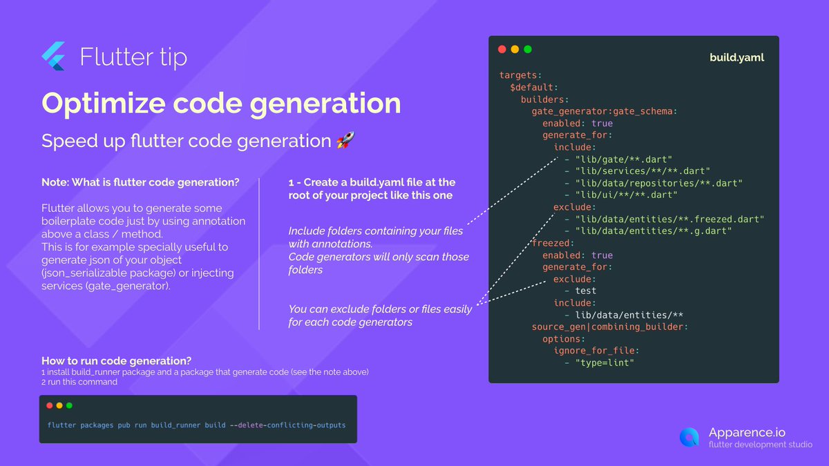 mcflyDev's tweet image. 🧐 Flutter tip #52
Speed up flutter code generation 🚀

#flutterdev #flutter #fluttertip