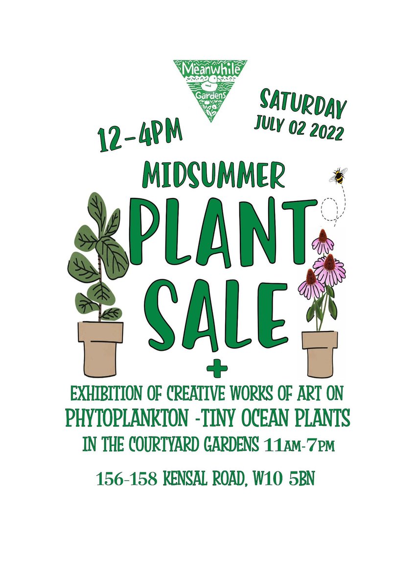 meanwhilegdns's tweet photo. Plant Sale 12-4pm at 156-158 Kensal Rd W10 &amp; Tiny Ocean Plants Recycled Art Exhibition 11-7pm as part of @KCAWlondon Saturday! Talk at 1:30pm with artist @CamillaBrendon All proceeds from the plant sale go towards the gardens 🪴 #northkensington #communitygardens #recyledart 🌿 https://t.co/VU0ZgaiOTQ