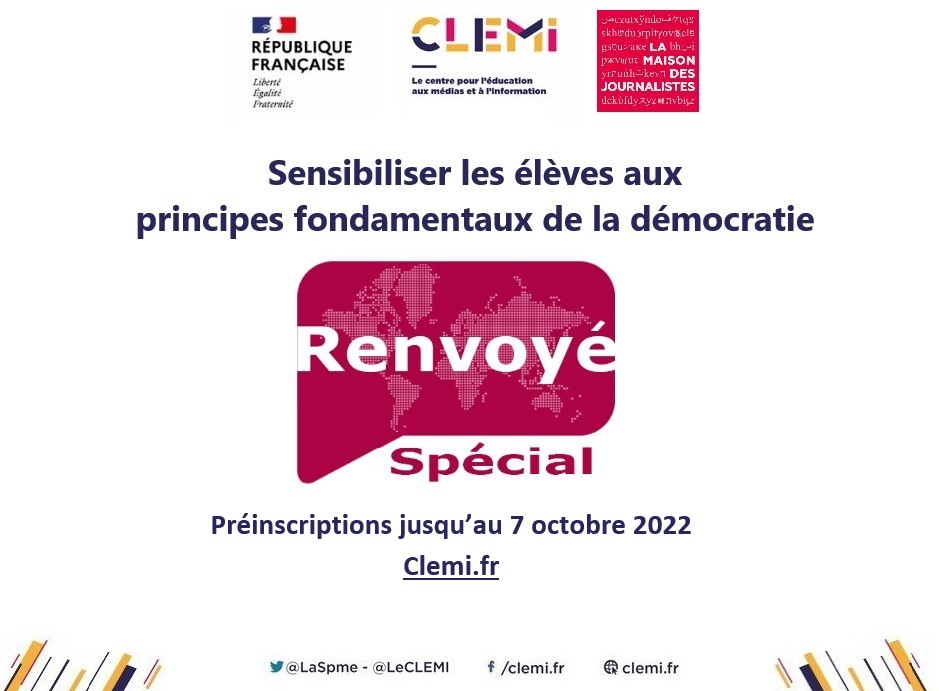 Ouverture des préinscriptions à #RenvoyéSpécial organisé par le #CLEMI et la @MDJournalistes. Opération #ÉducMédiasInfo pour sensibiliser les lycéens à la liberté d'expression et de la presse au travers des témoignages de journalistes réfugiés politiques. clemi.fr/fr/evenements/…