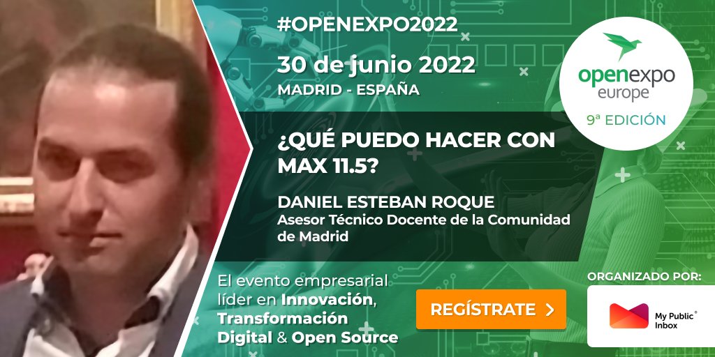 OpenExpo Europe (@openexpoeurope) on Twitter photo Encantados de contar con <a href="/directorcra/">Daniel Esteban</a> de <a href="/MAX_MAdridlinuX/">MAX</a> como ponente en #OpenExpo2022 
Daniel hará una demo de algunas de las tareas que se pueden realizar con la distribución de la CCA Madrid MAX 📲⚡️
Te esperamos el 30/06📍
Tu entrada gratis:👇
📌eventbrite.es/e/309856648577… Encantados de contar con <a href="/directorcra/">Daniel Esteban</a> de <a href="/MAX_MAdridlinuX/">MAX</a> como ponente en #OpenExpo2022 
Daniel hará una demo de algunas de las tareas que se pueden realizar con la distribución de la CCA Madrid MAX 📲⚡️
Te esperamos el 30/06📍
Tu entrada gratis:👇
📌eventbrite.es/e/309856648577…