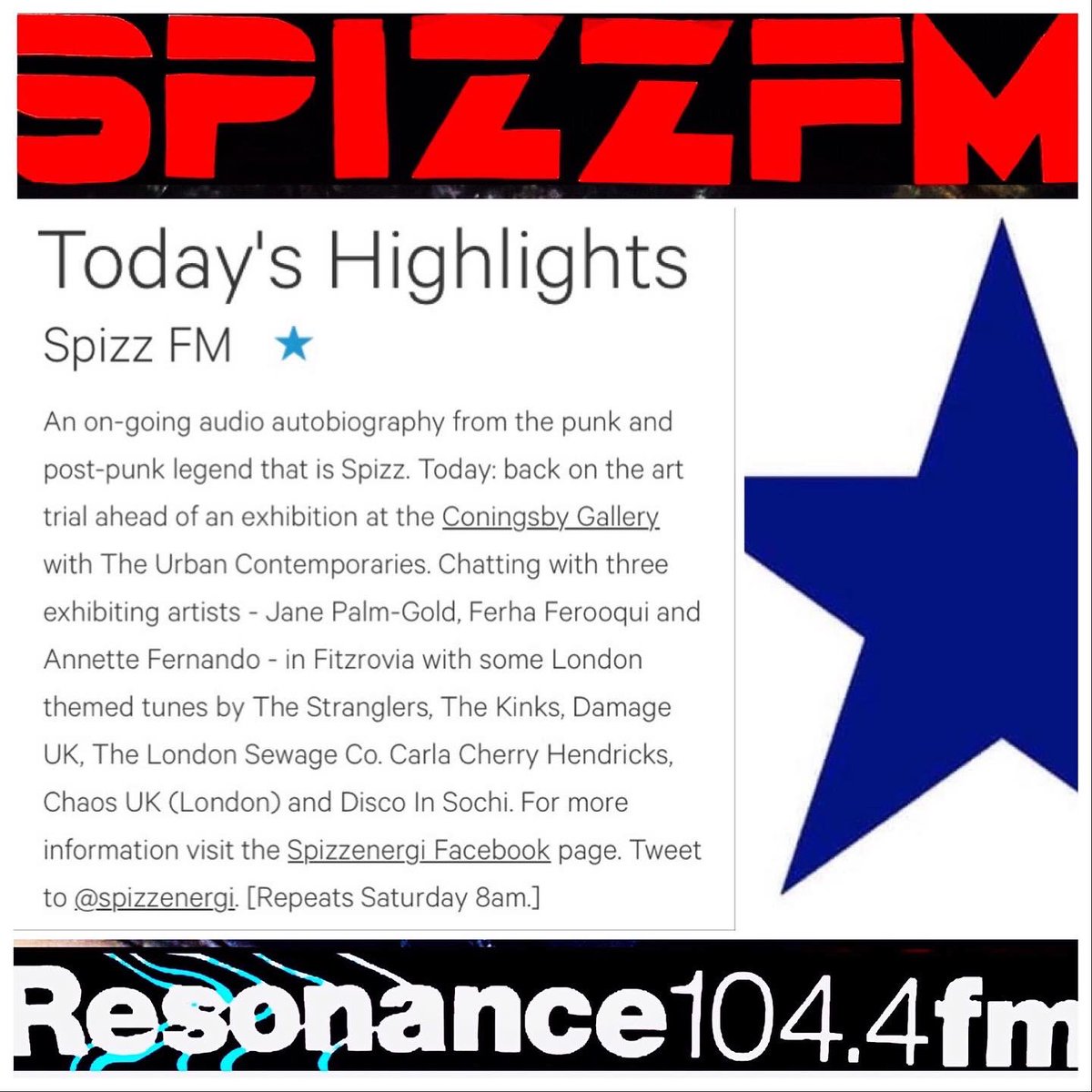 #SpizzFM Today 4:30pm on #Resonance 104.4fm & ResonanceFM.com #BlueStar Recommended listening @JanePalmGold1