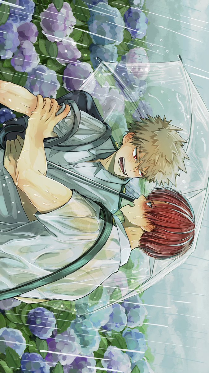 bakugou katsuki ,todoroki shouto 2boys multiple boys male focus red hair flower rain hydrangea  illustration images