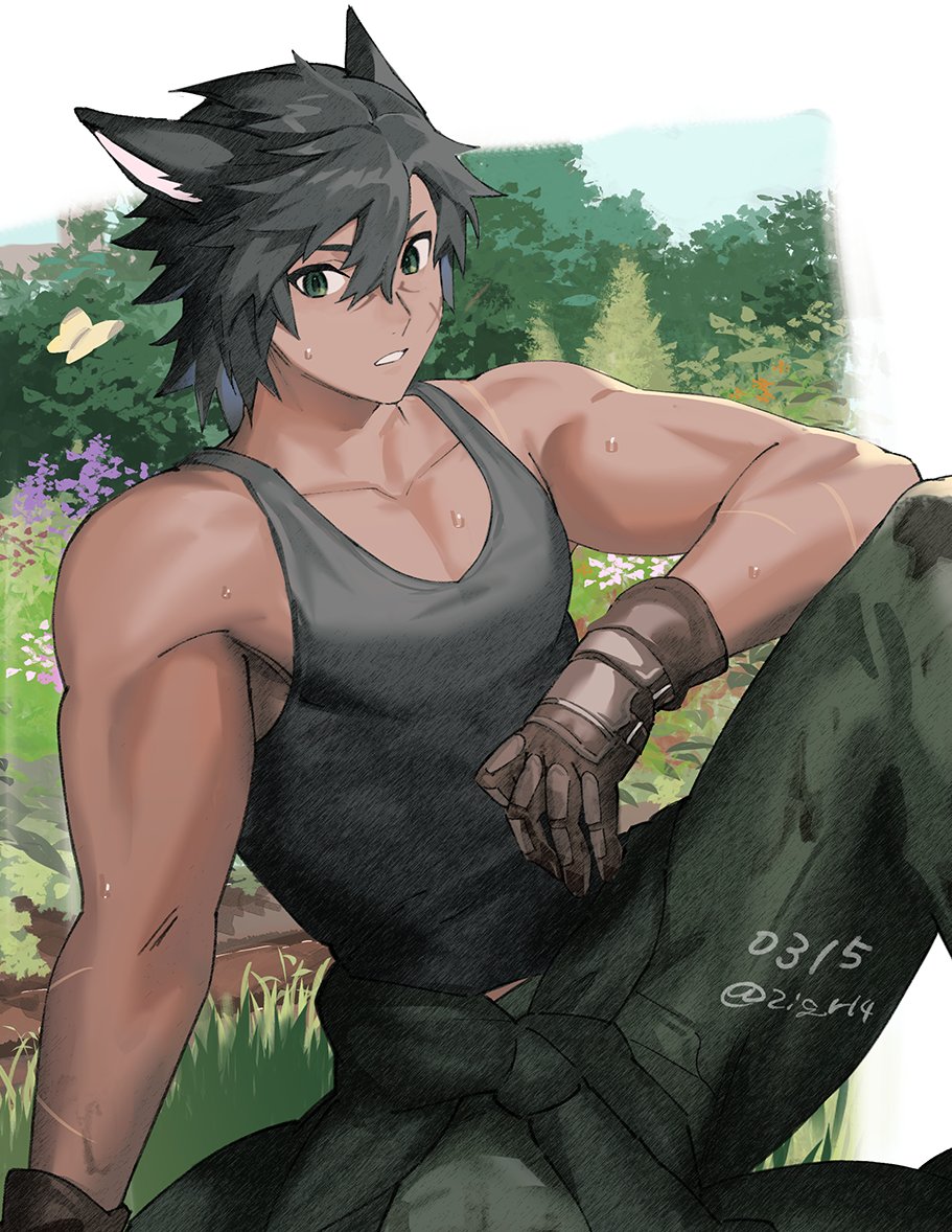 avatar (ff14) 1boy male focus tank top toned male animal ears scar on arm cat boy  illustration images