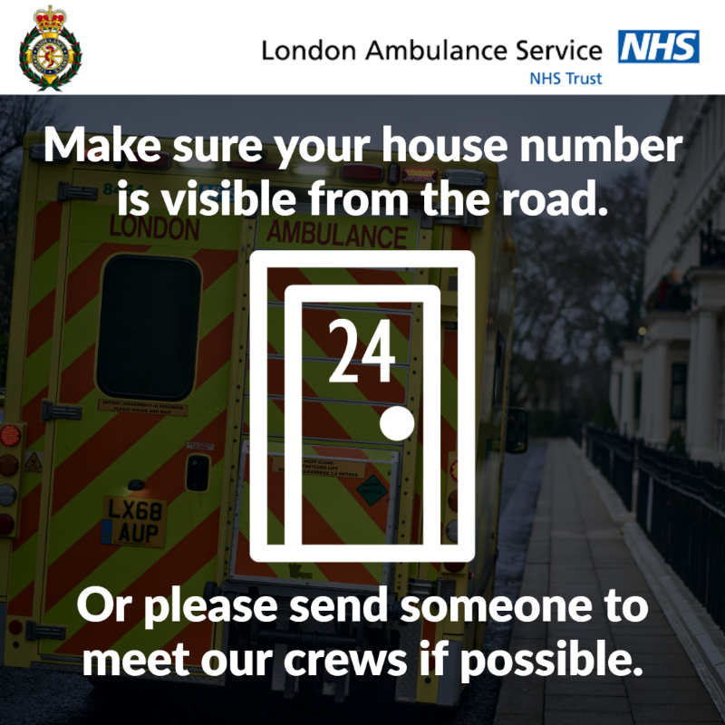 Ldn_Ambulance's tweet photo. In a medical emergency, every second counts. 

Make sure your house or flat number is visible from the road outside, if not please send someone to meet our crews if possible, so we can get to the patient's side as quickly as we can. 

#HelpUsToHelpYou https://t.co/P7F67ZMDA0