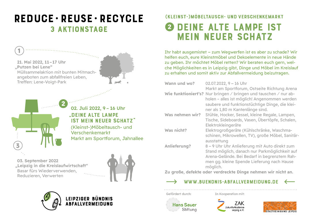 In Kooperation mit <a href="/StadtreinigungL/">Stadtreinigung Leipzig</a> lädt das Leipziger Bündnis für #Abfallvermeidung diesen Samstag, 02.07. zum Markt am Sportforum ein. Unter dem Motto „Deine alte Lampe ist mein neuer Schatz“ können Möbel getauscht werden. #verschenkemarkt