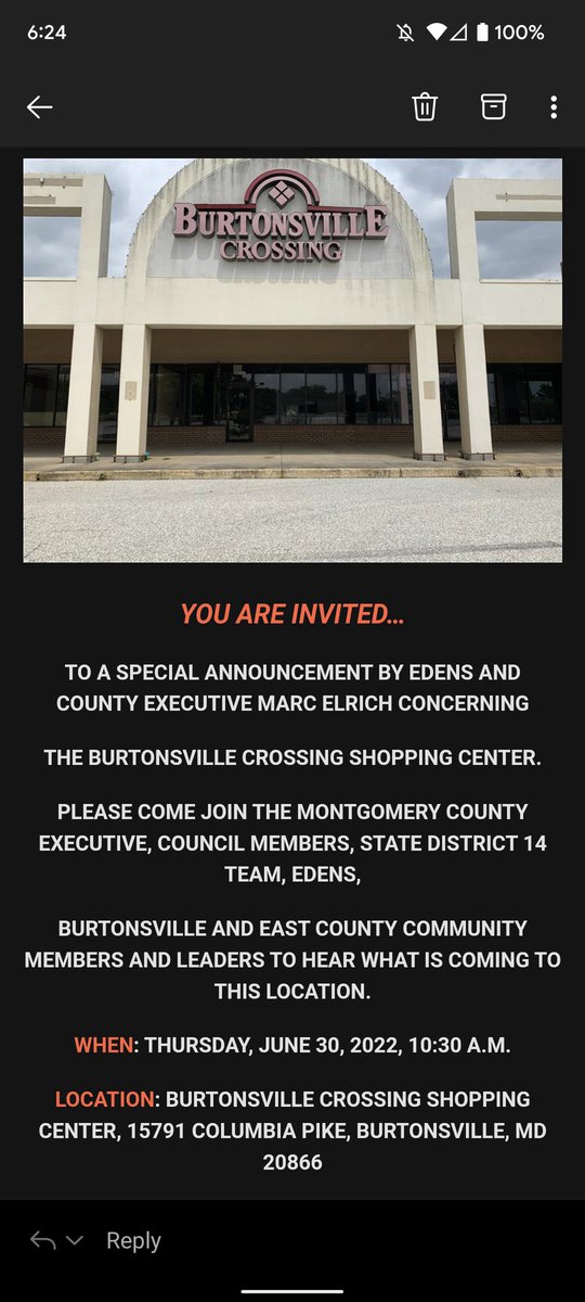 davegolden99's tweet photo. Big announcement from @Marc_Elrich with @tomhucker, State District 14 (@SenatorZucker and team) and EDENS tomorrow (06/30) at 10:30am regarding Burtonsville Crossing. A new day for #Burtonsville! https://t.co/L07oZSThGa