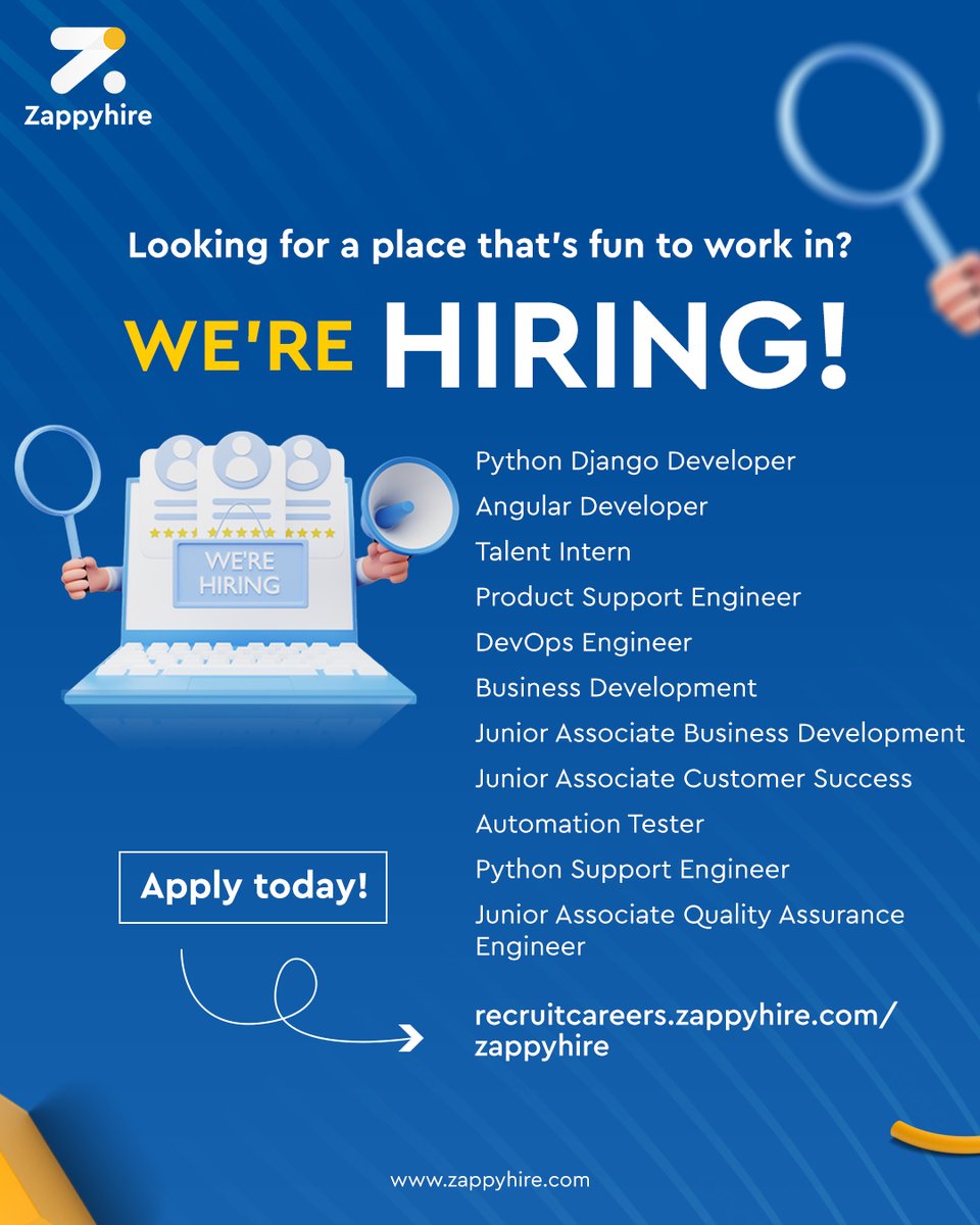 We're looking for a new team member to join our friendly, exciting @HireZappy team!

If you are interested kindly apply here, lnkd.in/dcvQkRxv

#python #django #angular #productsupport #devops #businessdevelopment #customersuccess  #automationtester  #qualityassurance