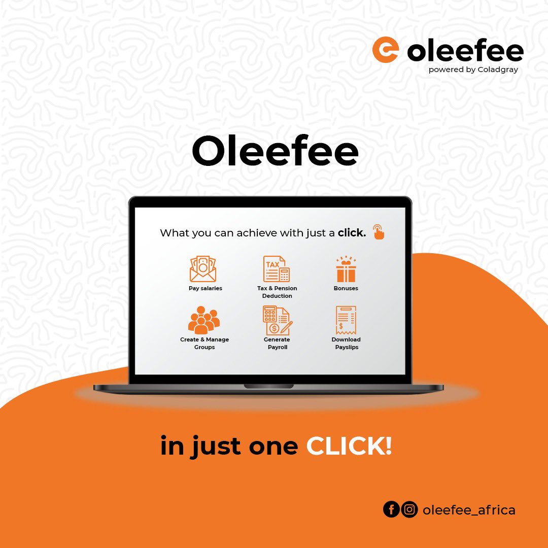 oleefee_africa's tweet photo. Introducing!!!
Oleefee 🚀🚀
Your one stop place for everything Payroll and Employee benefits.
Powered by @coladgray
#oleefee #payroll https://t.co/u5iUOdaWbp
