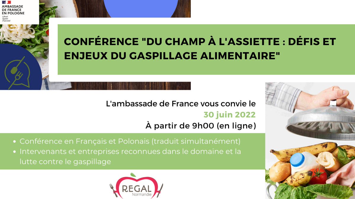 <a href="/REGALNormandie/">RÉGAL Normandie</a> participe le 30 juin à la conférence organisée par l'#ambassadeFrance « Du champ à l'assiette : défis et enjeux du gaspillage alimentaire » avec différents acteurs #engagés dans la lutte contre le #gaspillagealimentaire.
👀Rejoignez-nous : fb.me/e/1ZhNw48Gh