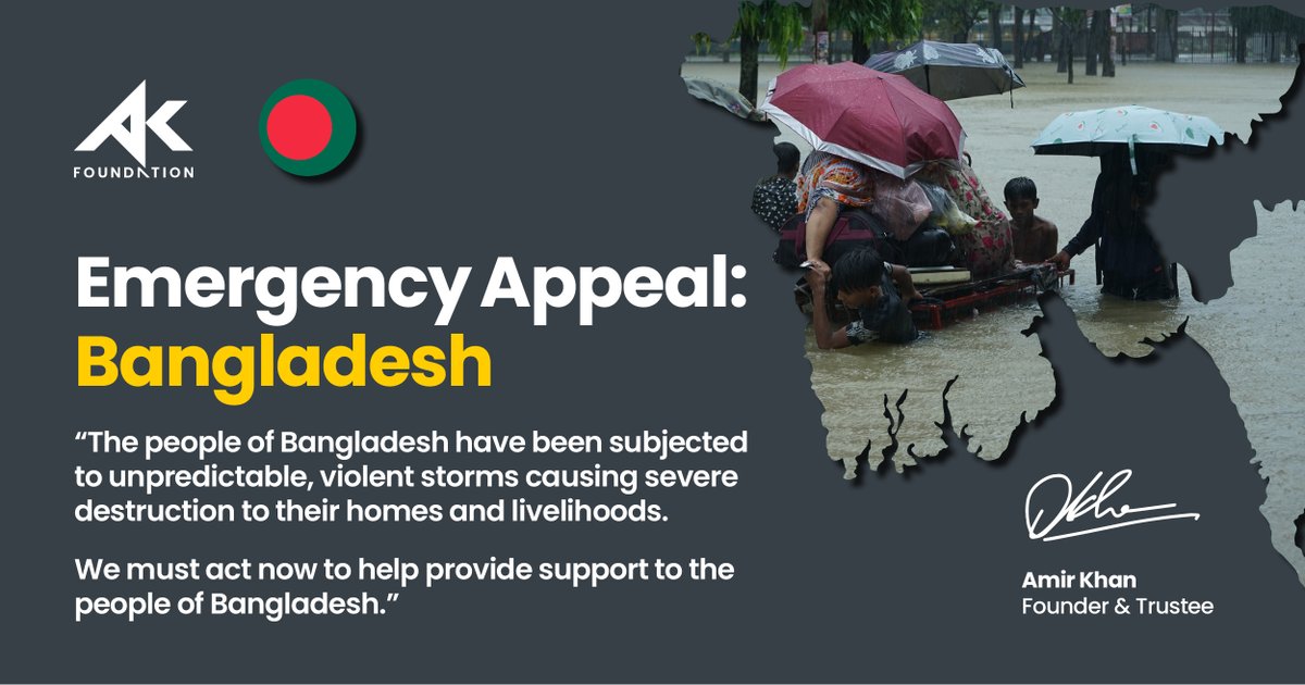 Flash floods have left millions displaced in #Bangladesh and in need of emergency assistance. The Amir Khan Foundation is providing first-hand support on the ground through medical supplies, food and materials to rebuild houses. 

Pledge your support now - amirkhanfoundation.com/bangladesh