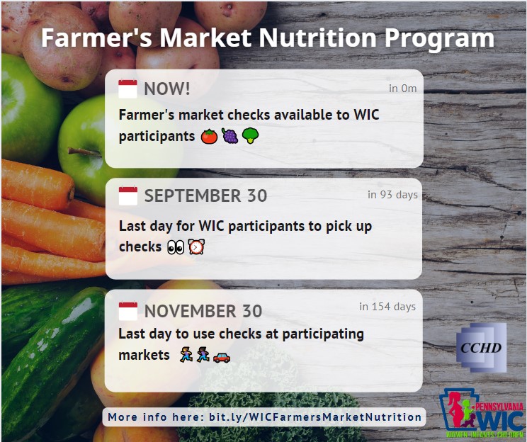 ChescoHealth's tweet photo. Checks for the Farmer's market Nutrition Program are available for pickup now at the Chesco WIC Clinic! Make an appointment to pick up four #FMNP checks totaling $24 to spend at participating farmer's markets. #WomenInfantsChildren
More info here: https://t.co/fTogkp8PZg https://t.co/s6IxhjQAlC