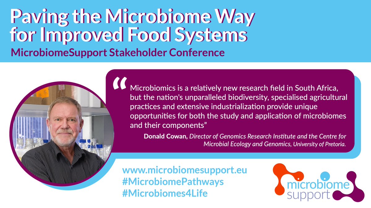 MicrobiomeEU's tweet photo. The #MicrobiomePathways conference is not over yet! We are excited to hear an expert in microbial ecology, microbial genomics and applied microbiology 👉 Don Cowan @doncowan10 from @UPTuks 👏 who will talk about Microbiomics research in South Africa. #Microbiomes4Life #Food2030EU https://t.co/nqr6VCnhNZ