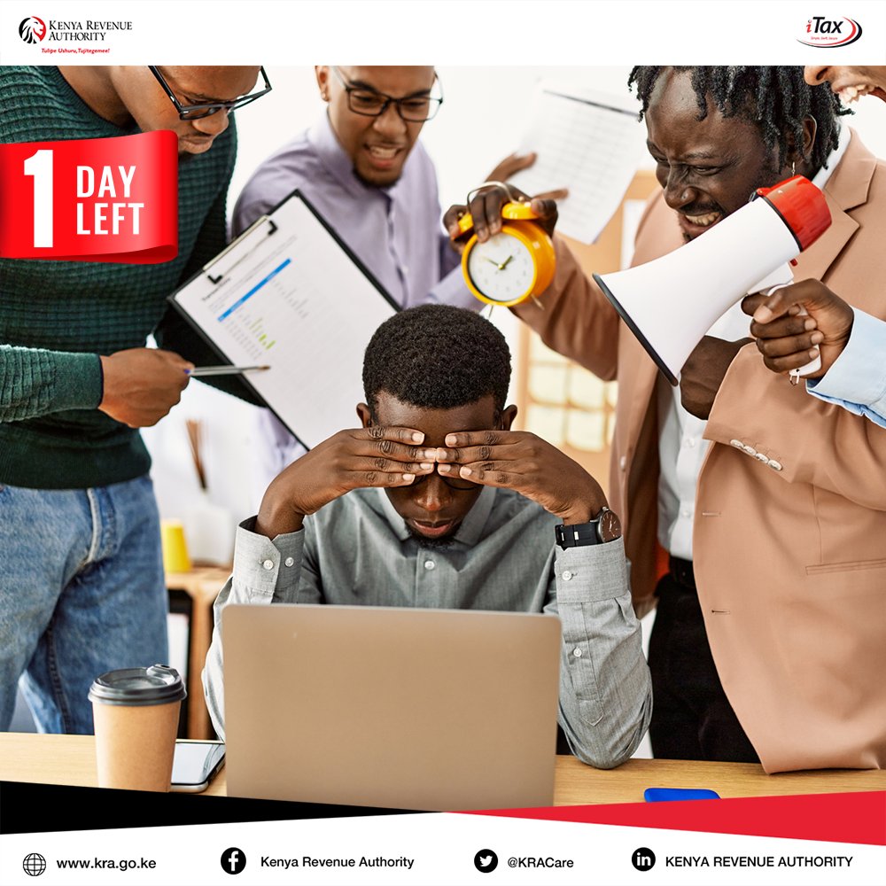 PeopleDailyKe's tweet photo. You have one more day remaining to file your 2021 income tax returns. Time is running out, file today on iTax https://t.co/zDF6nkuTI7 and avoid penalties!
#Spend10minsToSave2k #KRAFilingSeason2022 #TulipeUshuru2022 https://t.co/kgzTpczvuA