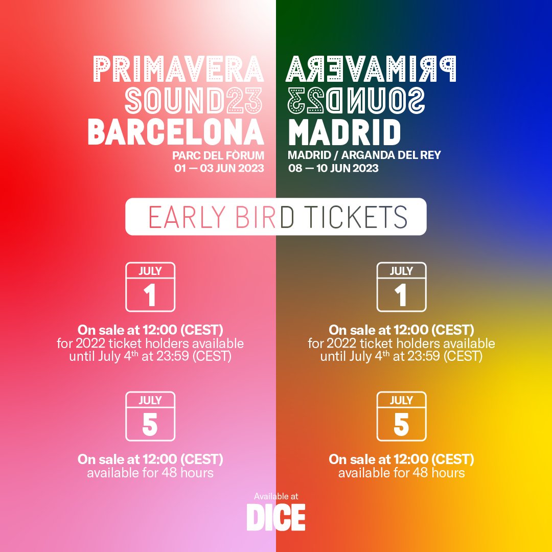 Primavera_Sound's tweet photo. ¿Estuviste en Primavera Sound Barcelona 2022? Entonces puedes hacerte con tu abono para Primavera Sound 2023 en Barcelona y/o Madrid a precio reducido. Desde el próximo viernes 1 a las 12:00 (CEST) hasta el lunes 4 a las 23:59 (CEST) podrás conseguirlo a través de AccessTicket. https://t.co/8bGoFDgzHQ