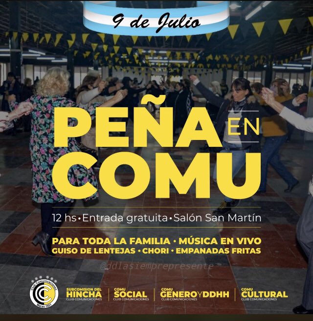 schcomu's tweet photo. Se viene otra peña….

🟡 Entrada libre y gratuita 
⚫ Bufet económico
🟡 Guiso de lentejas, empanadas fritas y choripán 
A partir de las 12hs en el Salón San Martín 
Trae un alimento no perecedero para seguir colaborando con quienes más lo necesitan https://t.co/OilTZXj8h3