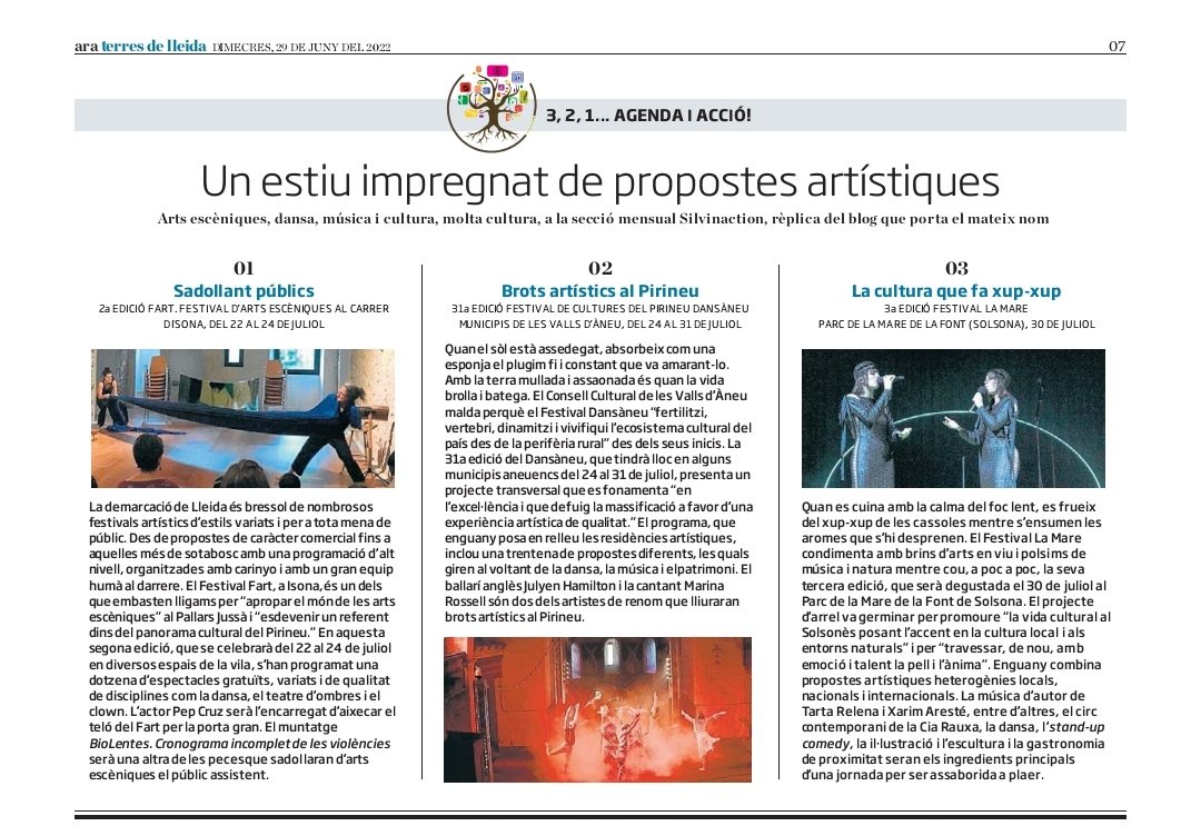 Avui a l'agenda cultural a l'<a href="/ARAterresLleida/">ARA Terres de Lleida</a> ens porta un juliol impregnat de propostes artístiques!
#agendacultural #cultura 
Un estiu impregnat de propostes artístiques ara.cat/1_436a39?utm_s… via <a href="/diariARA/">diariARA</a>